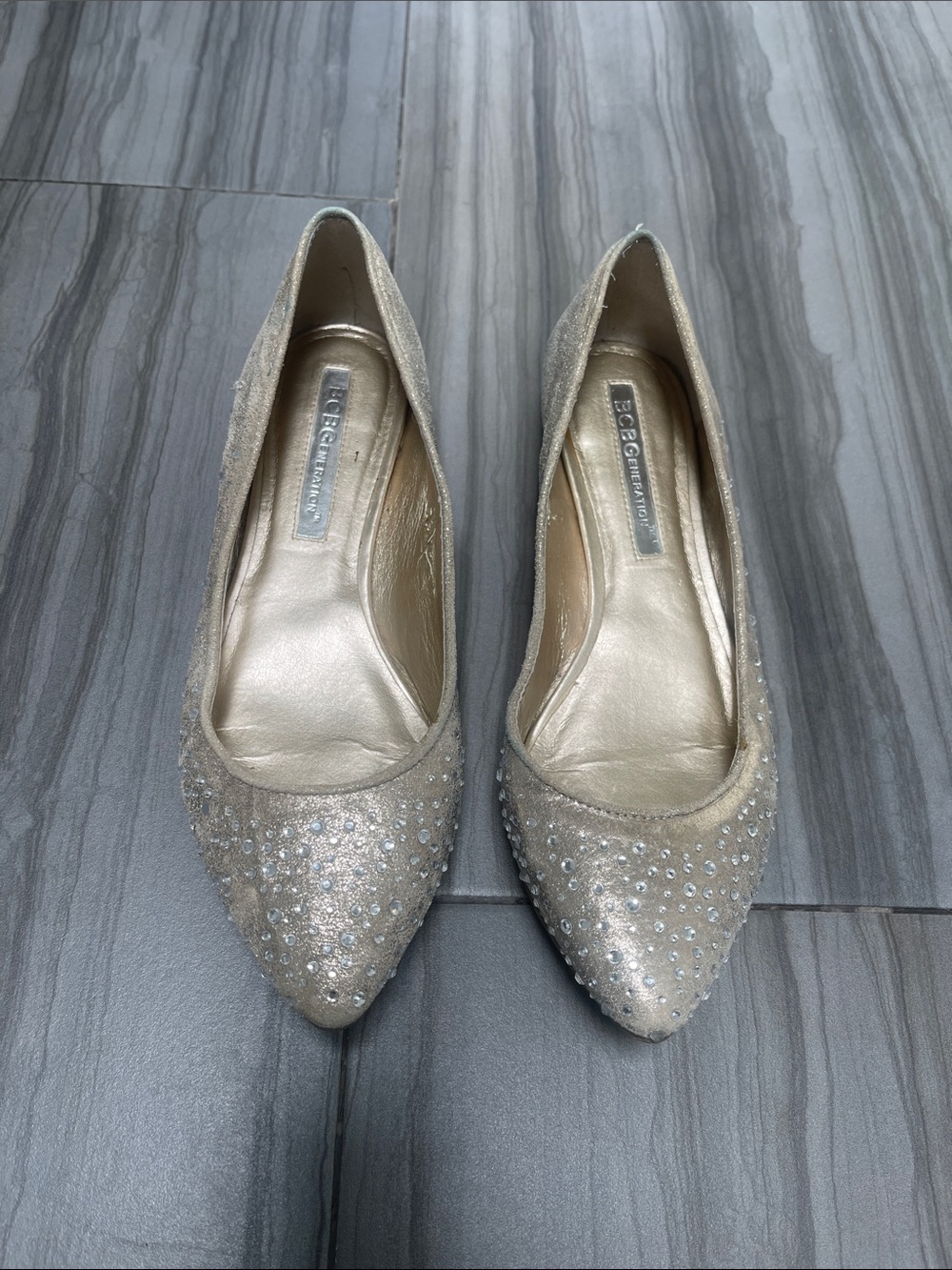 BCBGMaxAzria Metallic Gold Rhinestone Pointed-Toe Flats